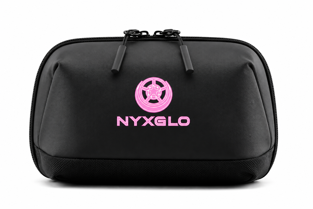 A black zippered nylon bag with a pink circular logo and the brand name 'NYXGLO' printed on the front, set against a plain white background.