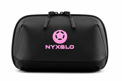 A black zippered nylon bag with a pink circular logo and the brand name 'NYXGLO' printed on the front, set against a plain white background.