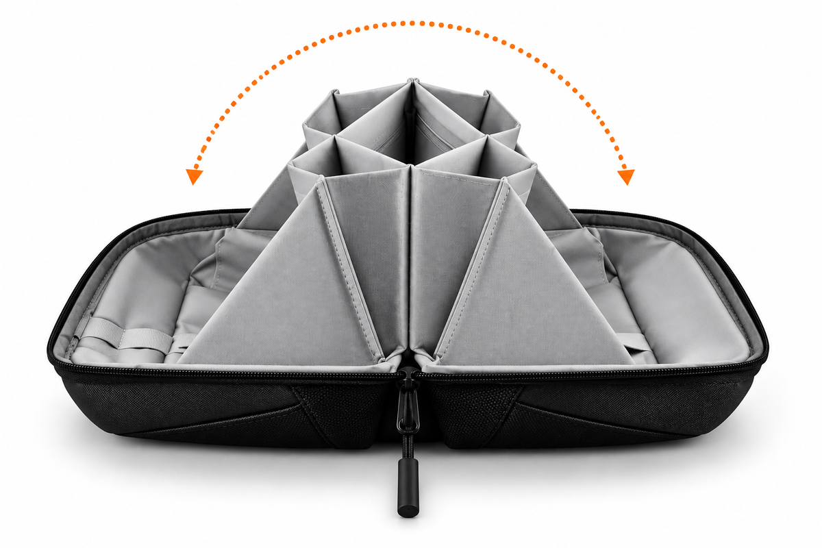 A black zippered tech gear organizer case shown open, with gray triangular divider panels arranged inside. An orange dotted arrow graphic is overlaid above, indicating a folding or expanding function.