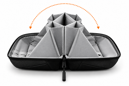 A black zippered tech gear organizer case shown open, with gray triangular divider panels arranged inside. An orange dotted arrow graphic is overlaid above, indicating a folding or expanding function.